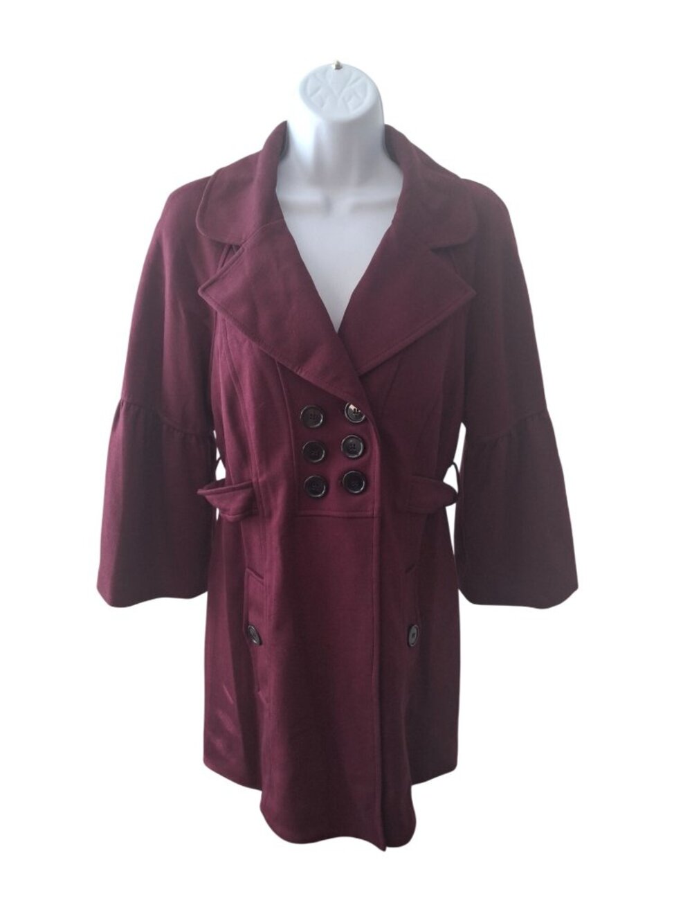 Womens Double Breasted Peacoat Size 8 Burgundy Bell Sleeve Y2K Mod Retro Preppy